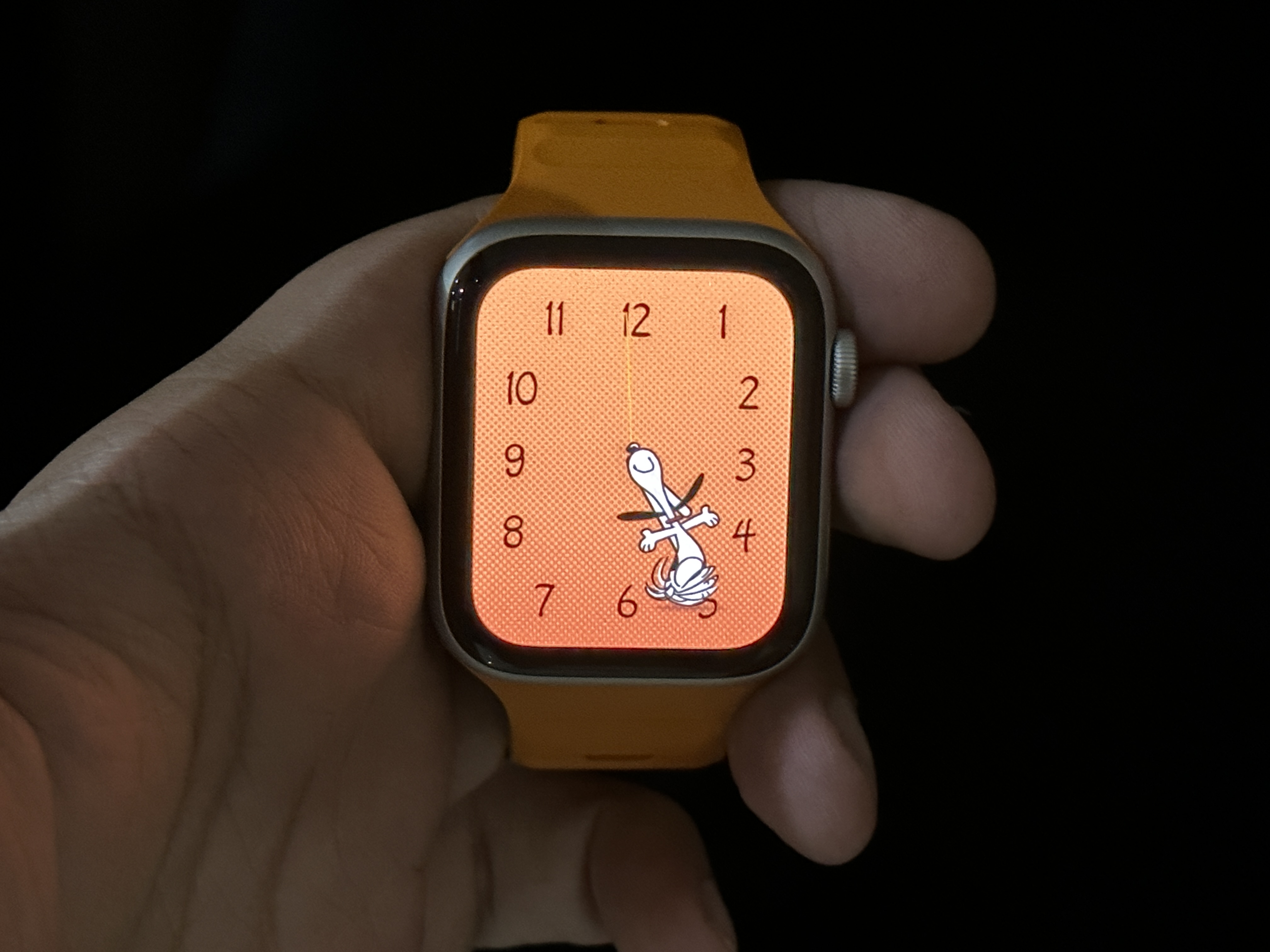 Snoopy Watch Face with Pumpkin background on Apple Watch SE.