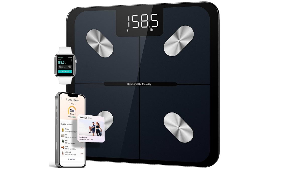 An Etekcity smart scale with a smartwatch and phone.