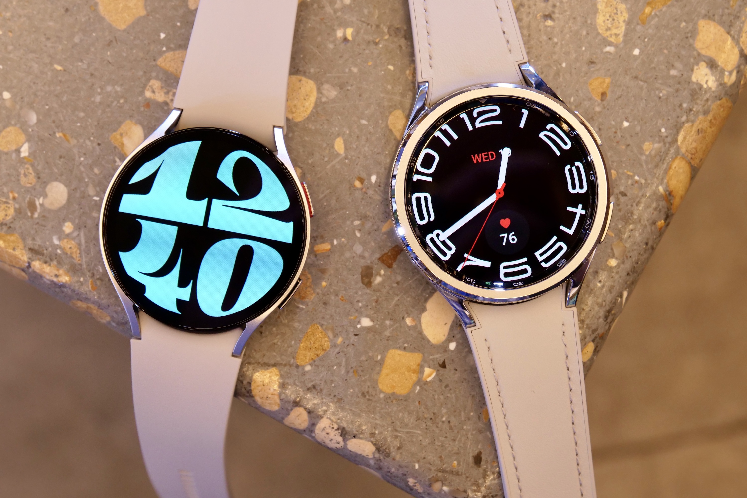 Samsung Galaxy Watch 6 and Watch 6 Classic, in large sizes.