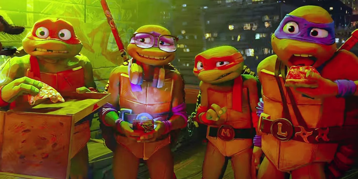 The Turtles eat pizza and look shocked in Teenage Mutant Ninja Turtles: Mutant Mayhem.