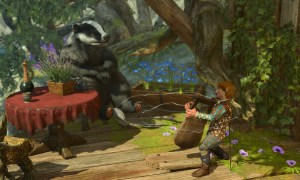 A halfling playing an instrument to a large badger.