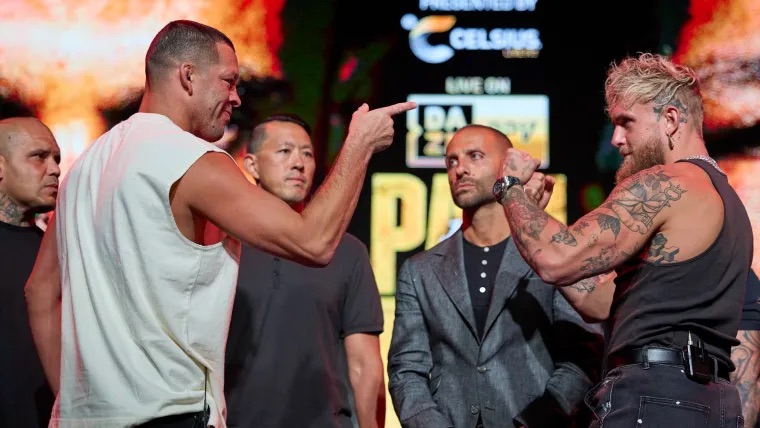 Jake Paul and Nate Diaz face to face ahead of their boxing match on August 5.