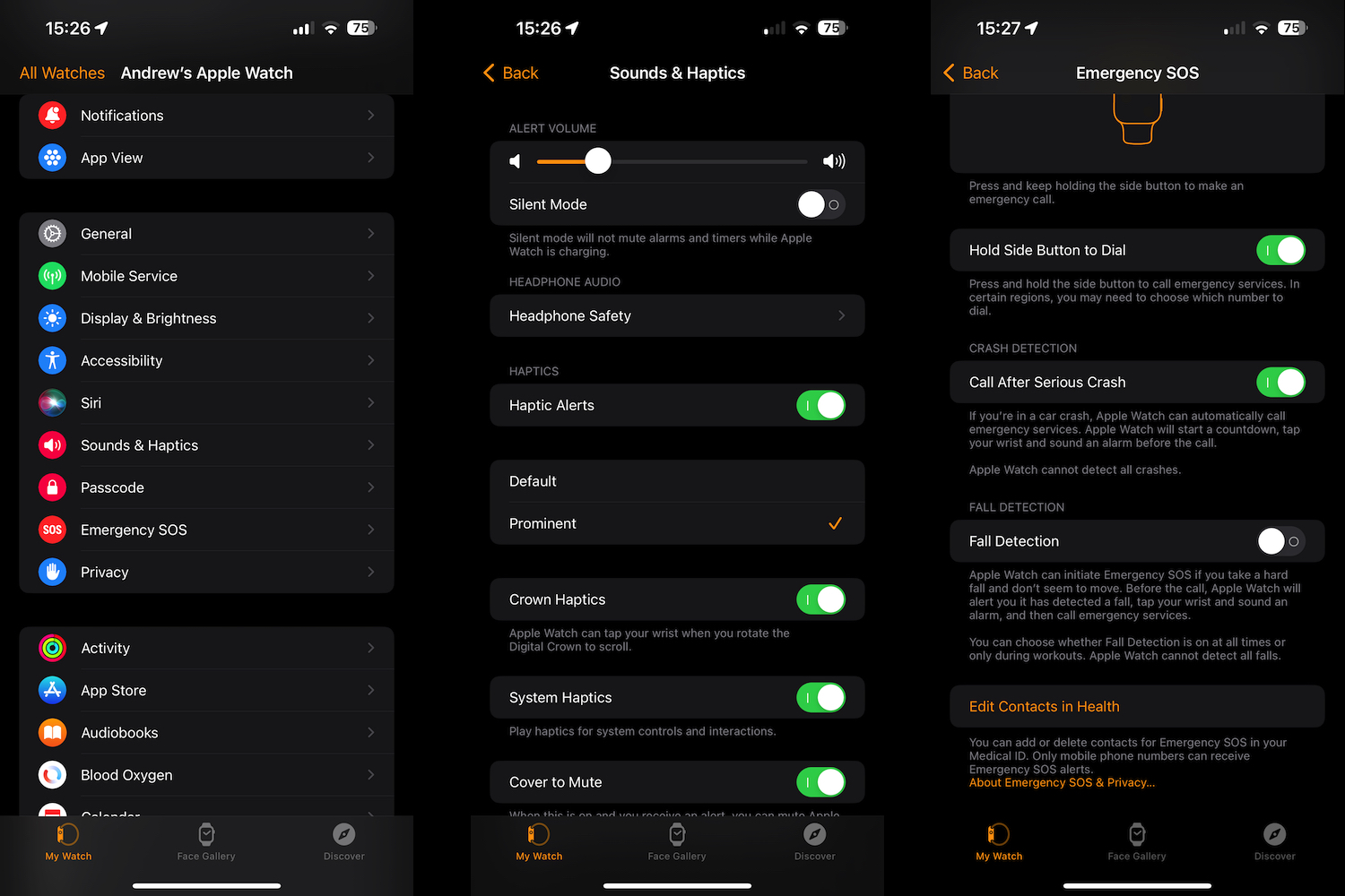 Screenshots taken from the Apple Watch app.