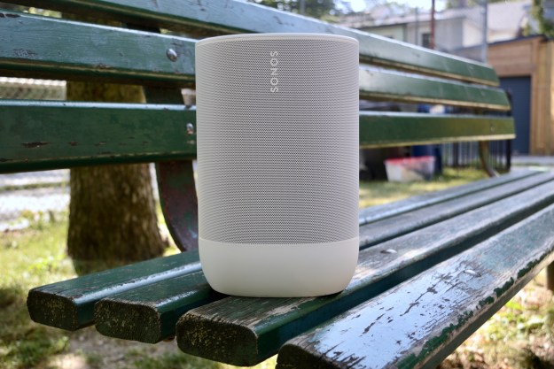 Sonos Move 2 in white on green park bench.