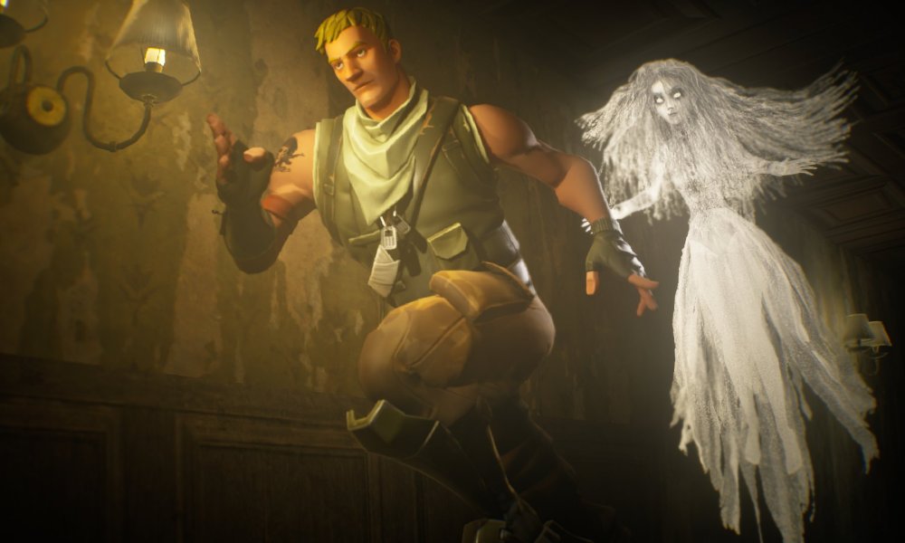 Fortnite Jonesy running from a ghost bride in a dimly lit hallway.