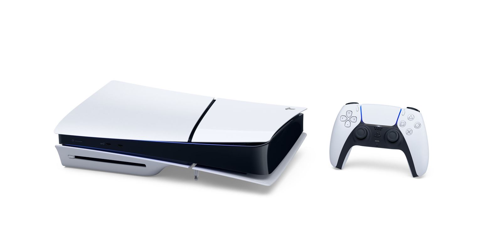 The slimmer PS5 console laying on its side.