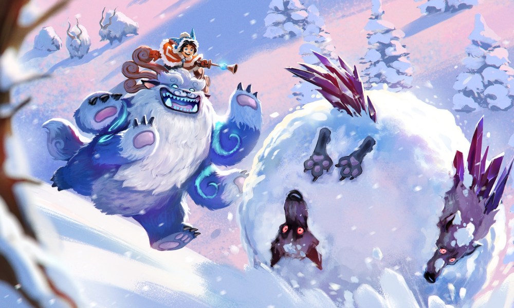 Nunu and Willump roll wolves down a hill in a snowball.