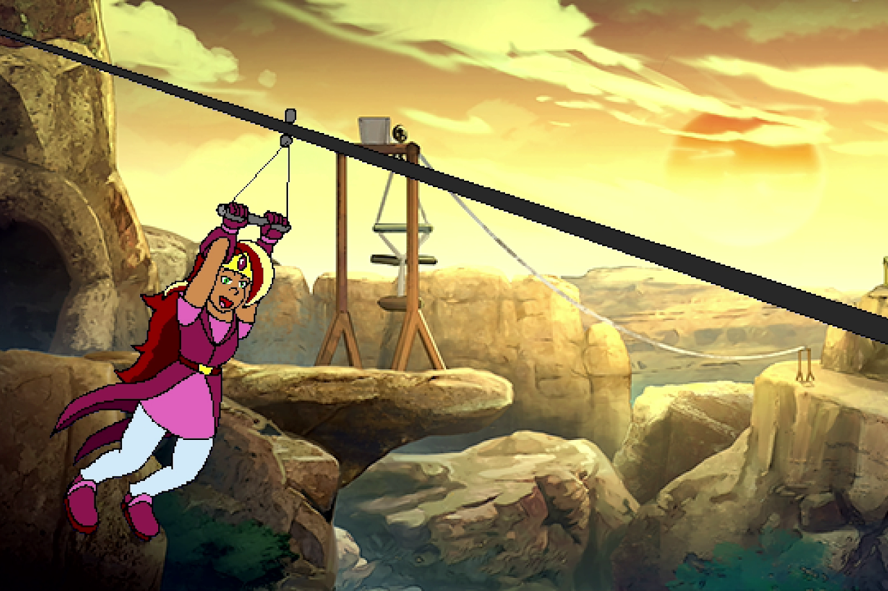 Arzette rides a zipline in Arzette: The Jewel of Faramore.