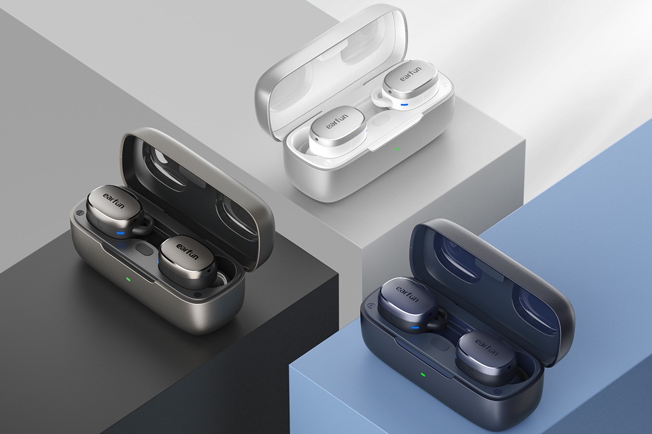 Earfun Free Pro 3 wireless noise-canceling earbuds in three colors.