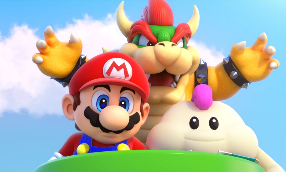 Mario, Mallow, and Bowser sit in a clown car in Super Mario RPG.