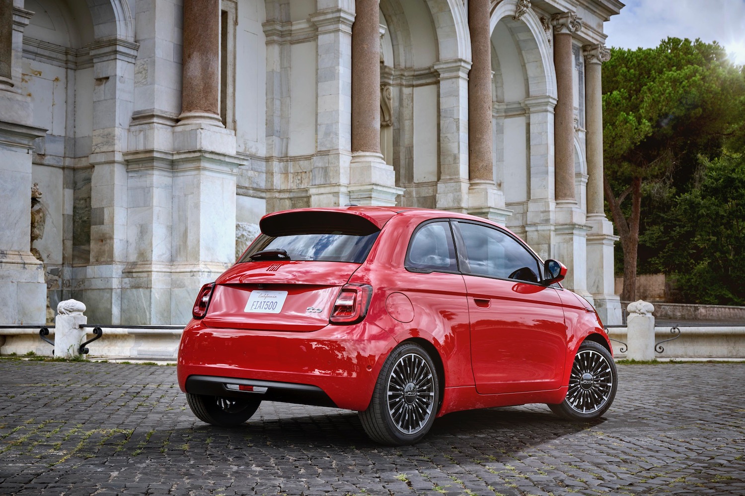 Rear three quarter view of a 2024 Fiat 500e.