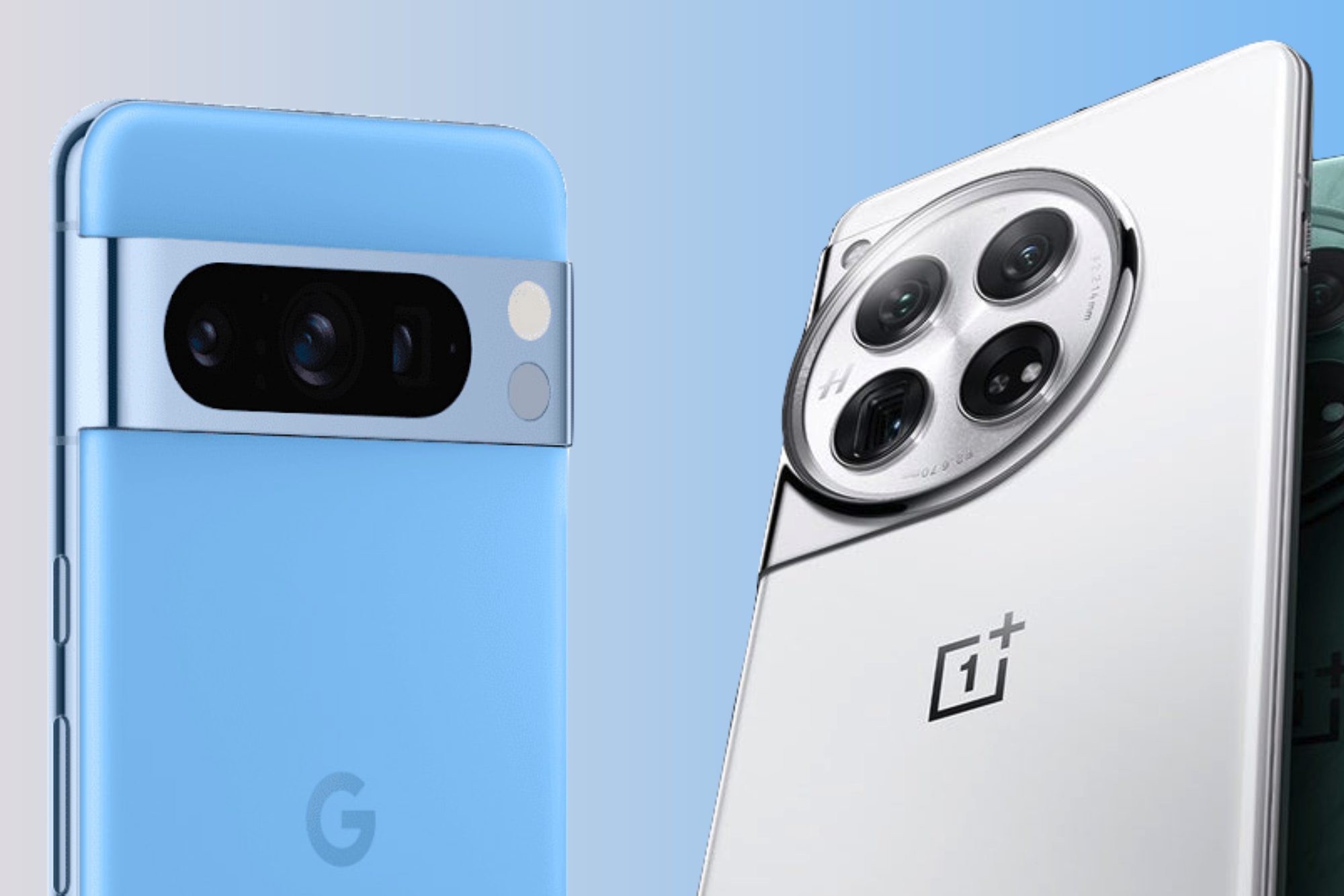 Renders of the Google Pixel 8 Pro and the OnePlus 12 next to each other.