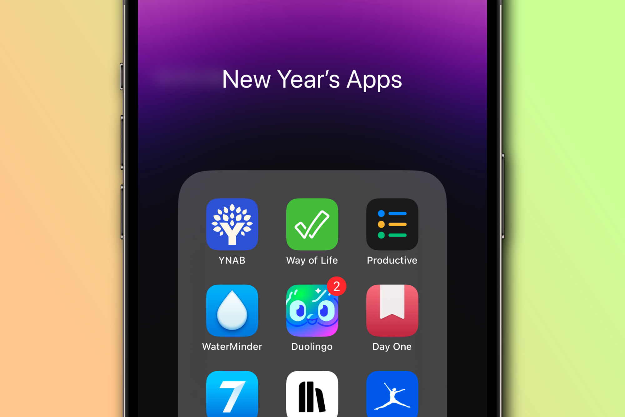 An app folder on an iPhone titled "New Year's Apps."