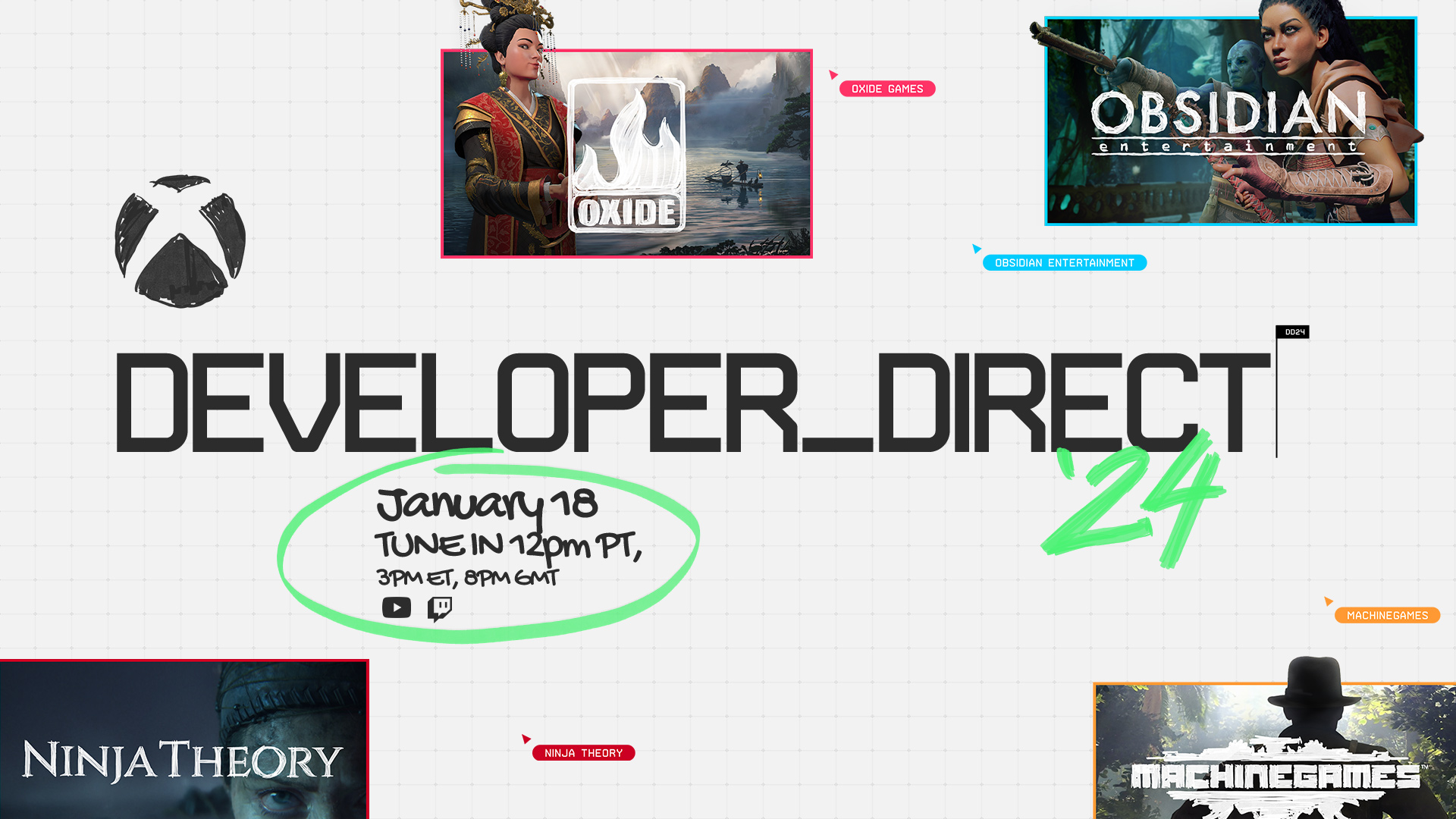 Developer Direct '24 key art teasing Ara: History Untold, Avowed, Senua's Saga: Hellblade 2, and Ara: History Untold.