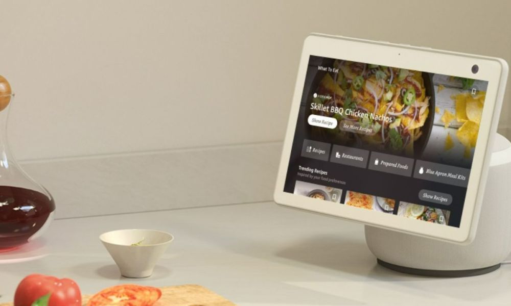 The Echo Show 10 on a kitchen counter.