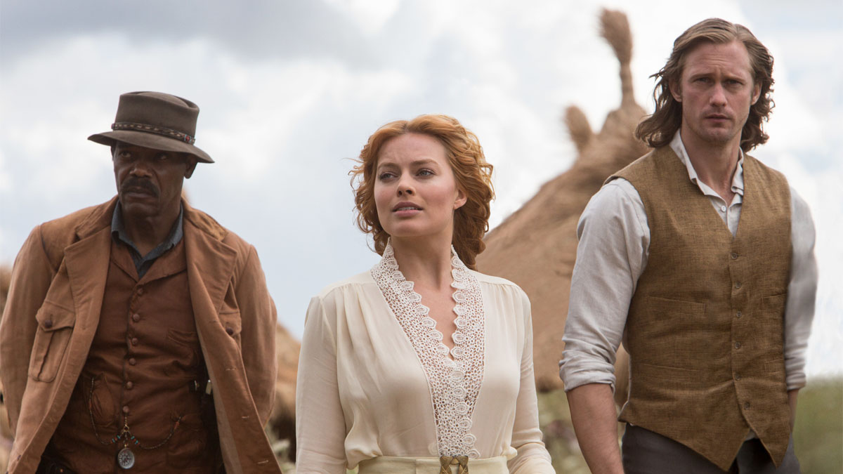 Samuel L. Jackson, Margot Robbie, and Alexander Skarsgård in The Legend of Tarzan.