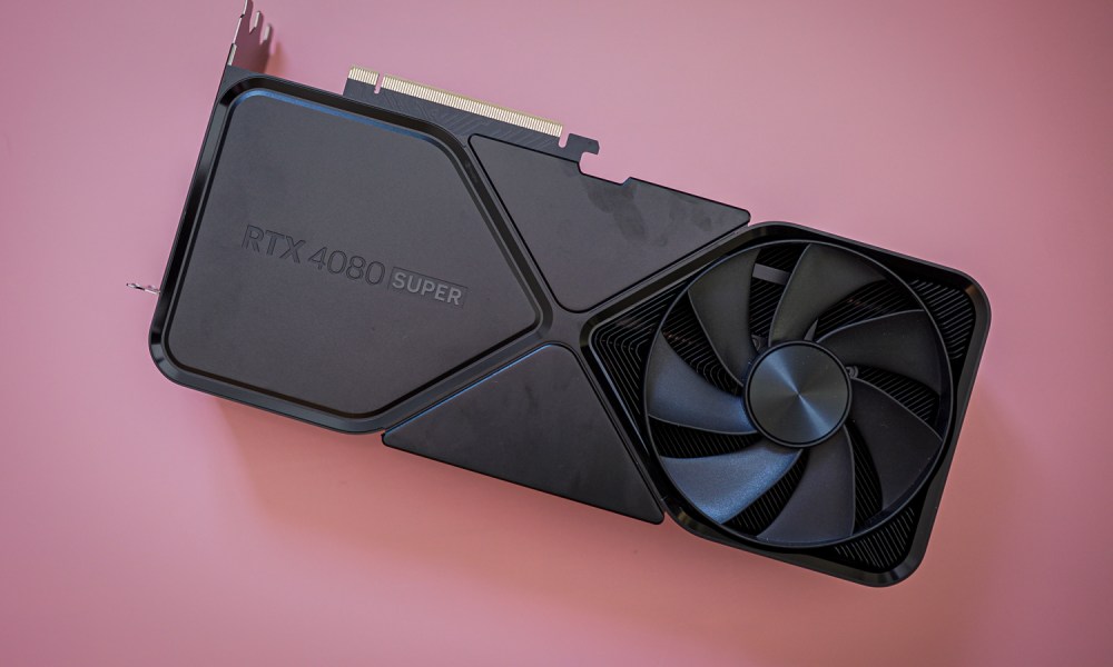 The Nvidia RTX 4080 Super on a pink background.