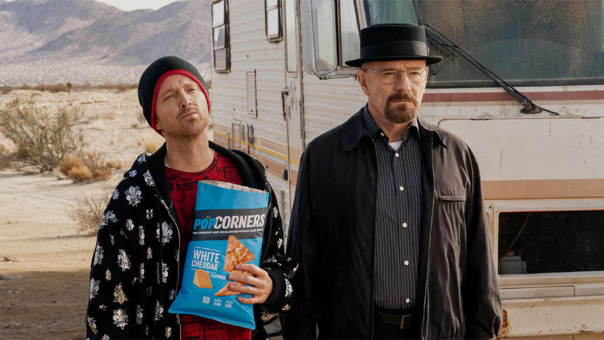 Aaron Paul and Bryan Cranston in PopCorners' Super Bowl ad.