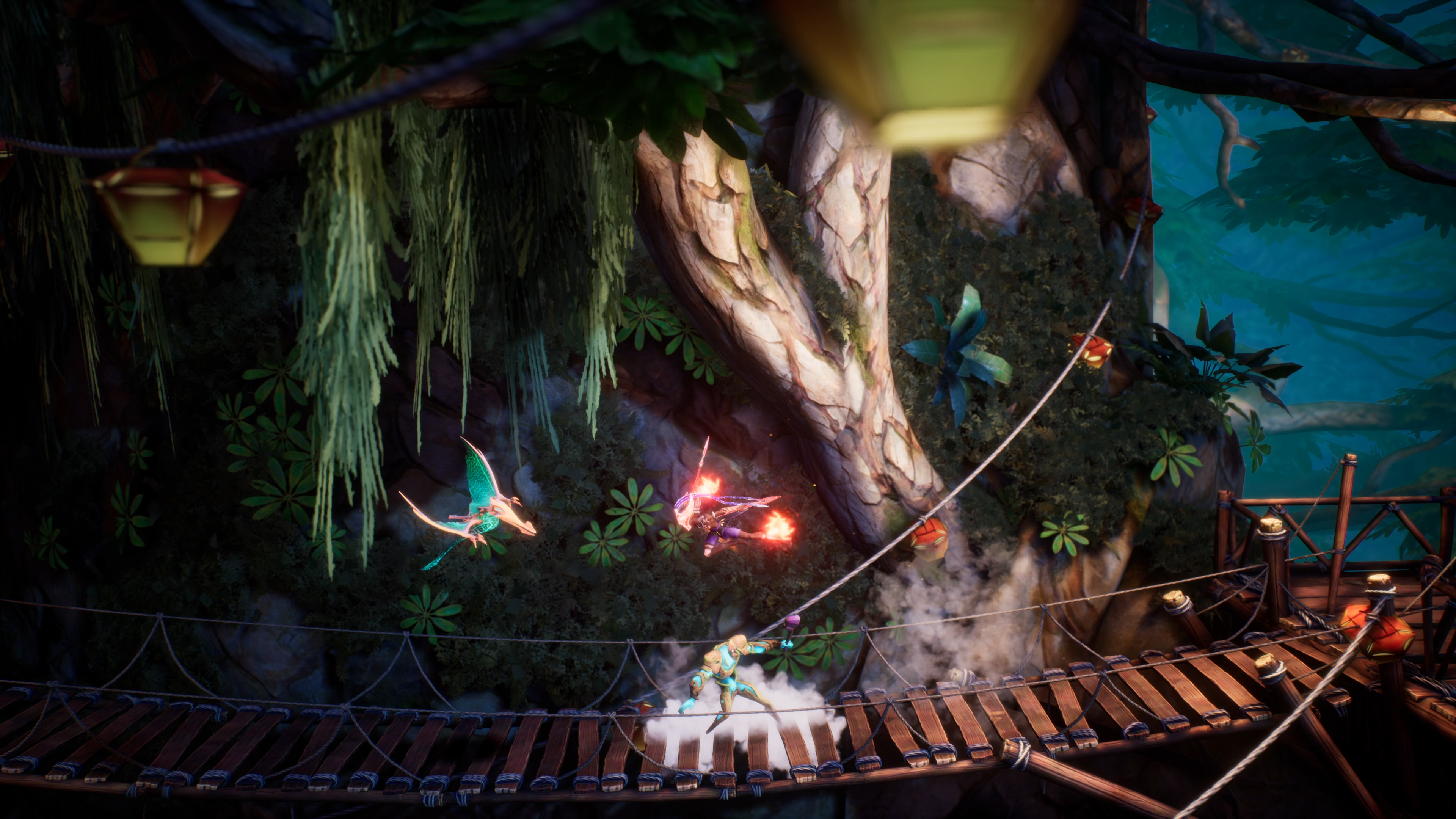 Zau fights enemies on a bridge in Tales of Kenzera: Zau.