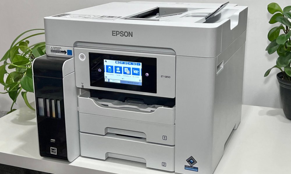 Epson's EcoTank Pro ET-5850 is a big, heavy business printer.