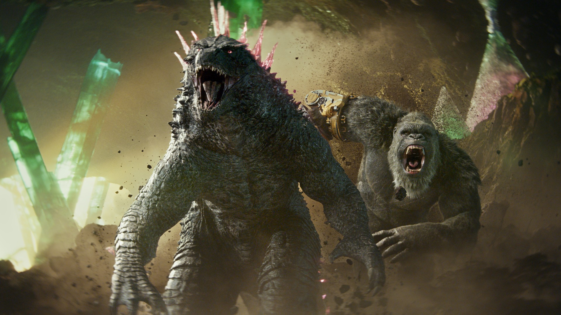 Godzilla and Kong race into battle in a still from Godzilla x Kong: The New Empire