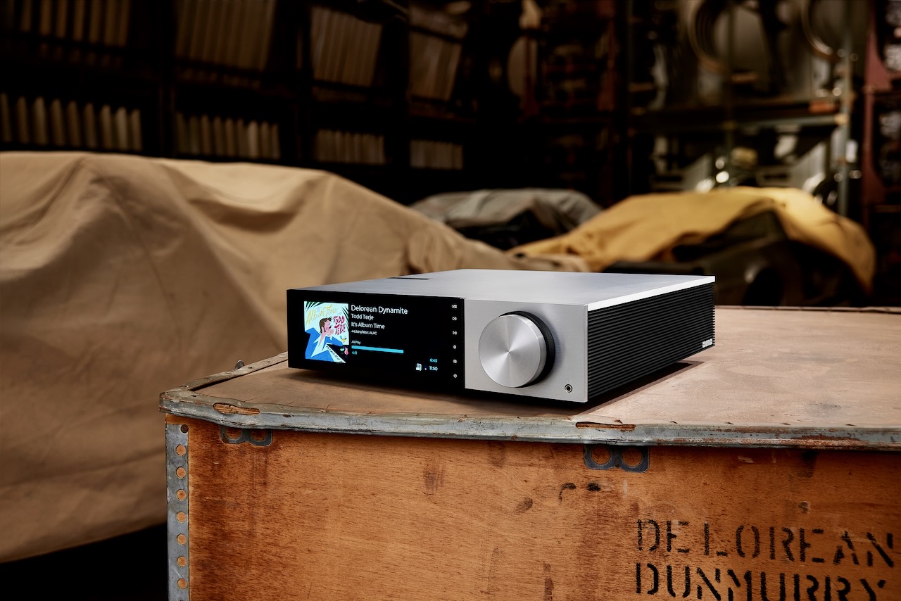 The Cambridge Audio Evo 150 DeLorean Edition integrated amplifier and network streamer – classic DMC logo.