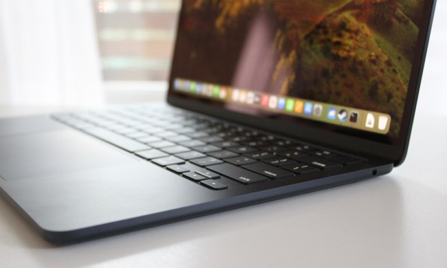 The MacBook Air on a white table.