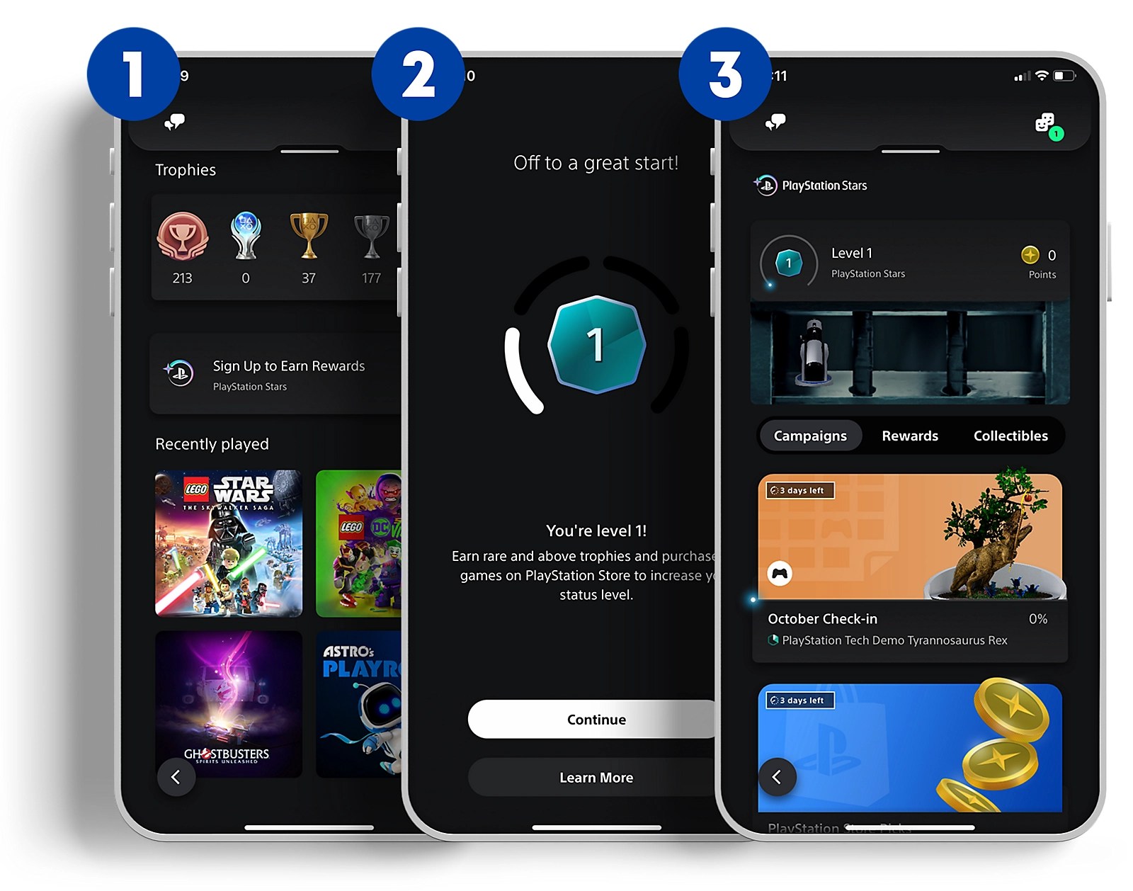 Three phone screens with the PlayStation Stars app.