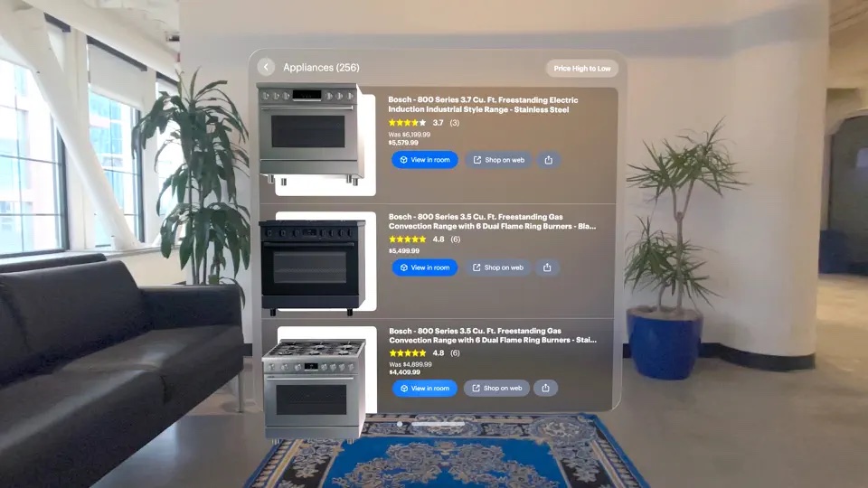 Screenshots from Best Buy's new shopping app for the Vision Pro.