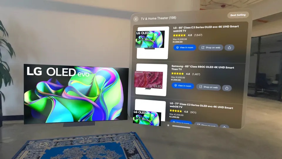 Screenshots from Best Buy's new shopping app for the Vision Pro.