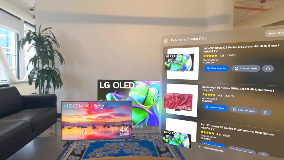 Screenshots from Best Buy's new shopping app for the Vision Pro.