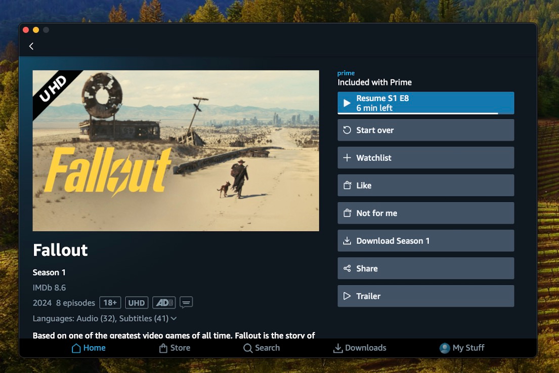 Downloading a season of Fallout on the prime Video desktop app.