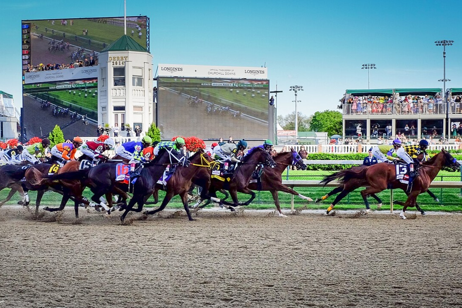 Horses running down the track at the Kentucky Derby.