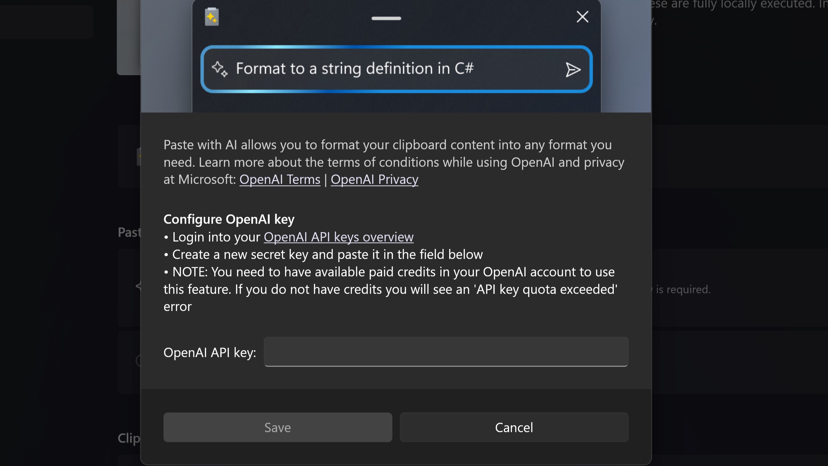 PowerToys Advanced Paste asking for OpenAI API key to function.
