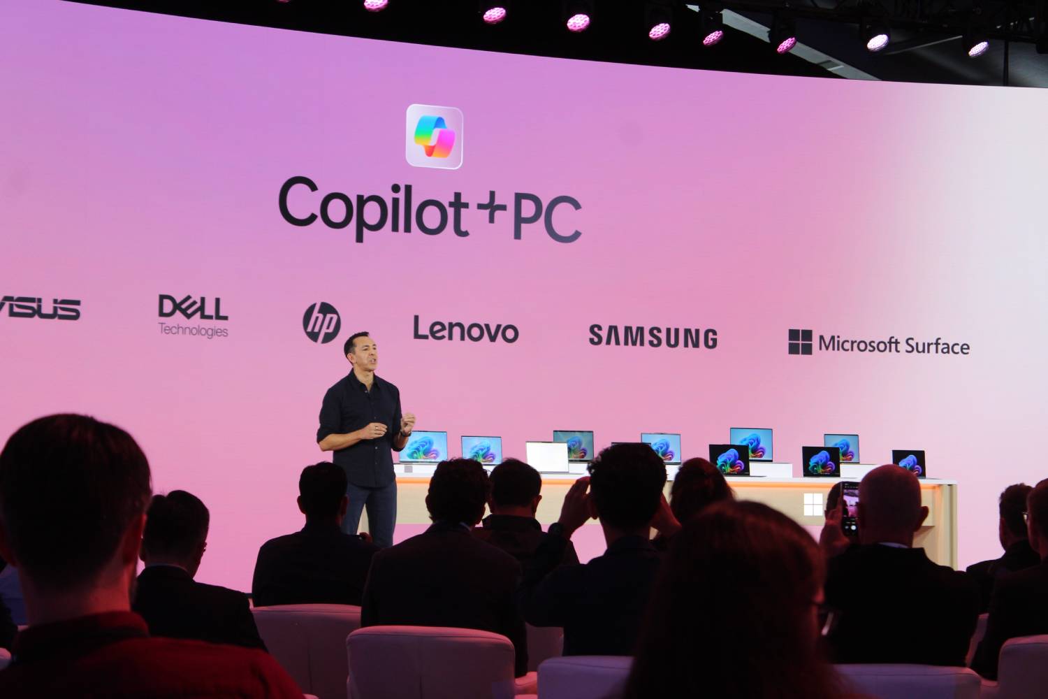 Copilot+ PCs being announced from the stage.