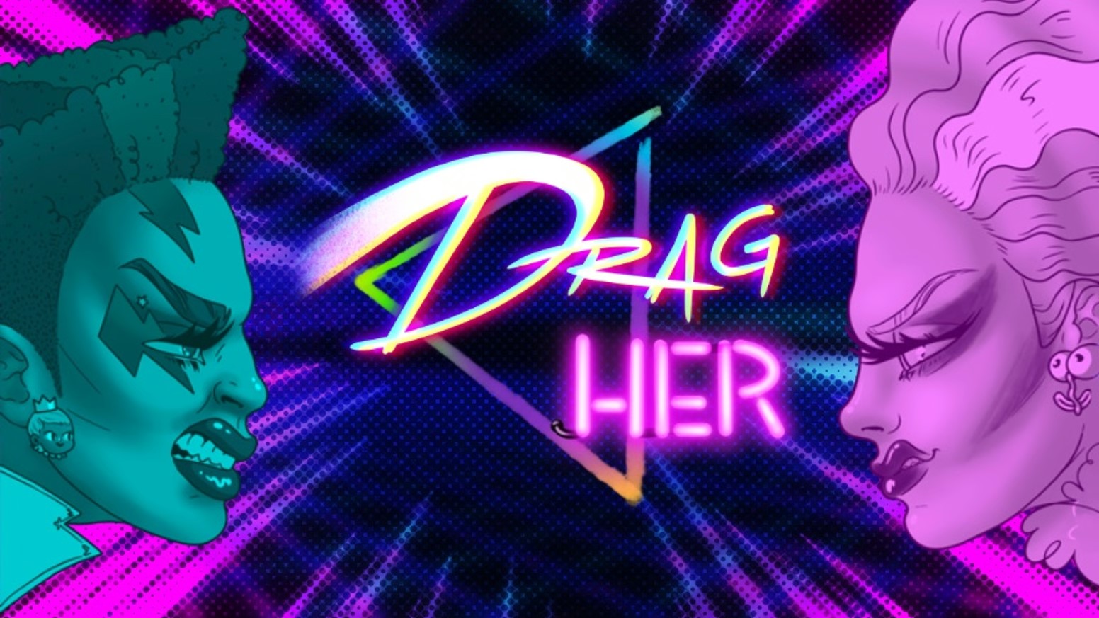 Two drag queens go head to head on an 80s-styled pink and blue poster with the title "Drag Her" in the middle.