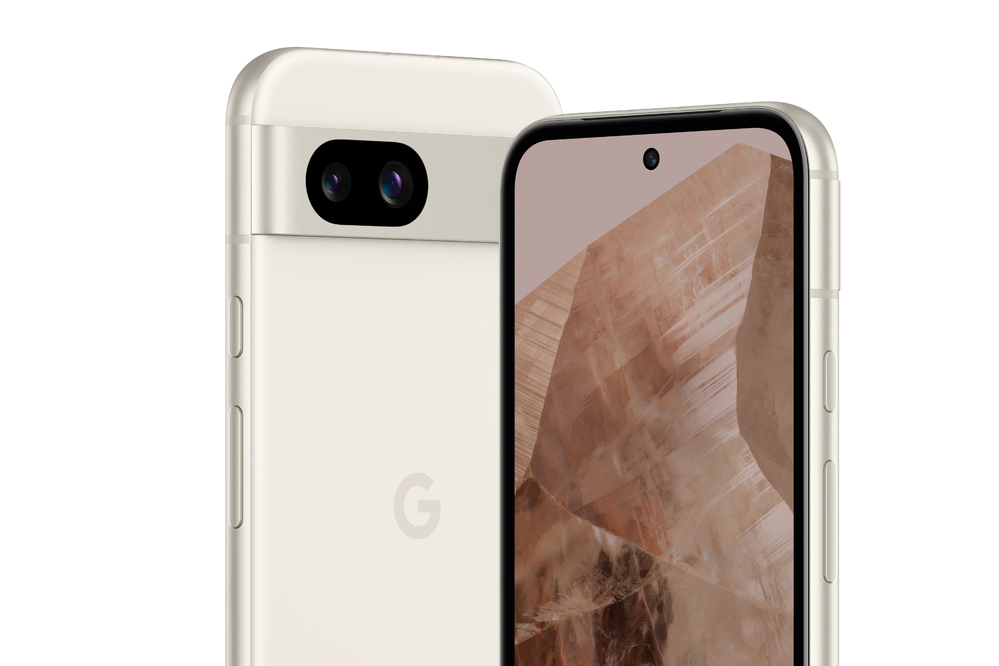 A render of the Google Pixel 8a in its porcelain color, showing the front and back of the phone.