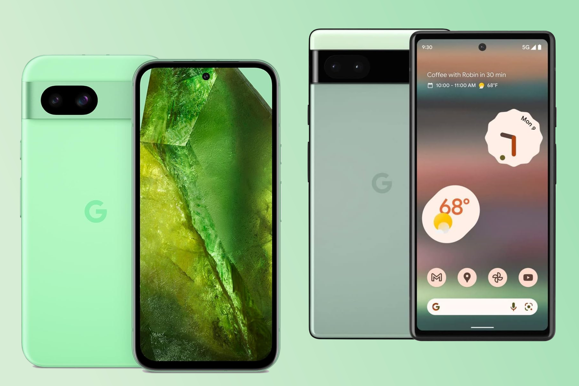 Renders of the Google Pixel 8a and Google Pixel 6a.