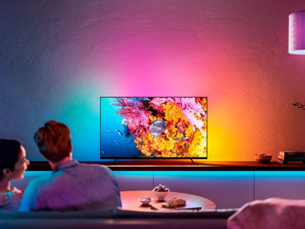 A TV with ambient backlighting from Philips Hue.