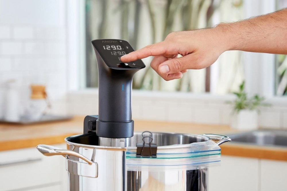 The Anova Wi-Fi Precision Cooker Pro in a pot.