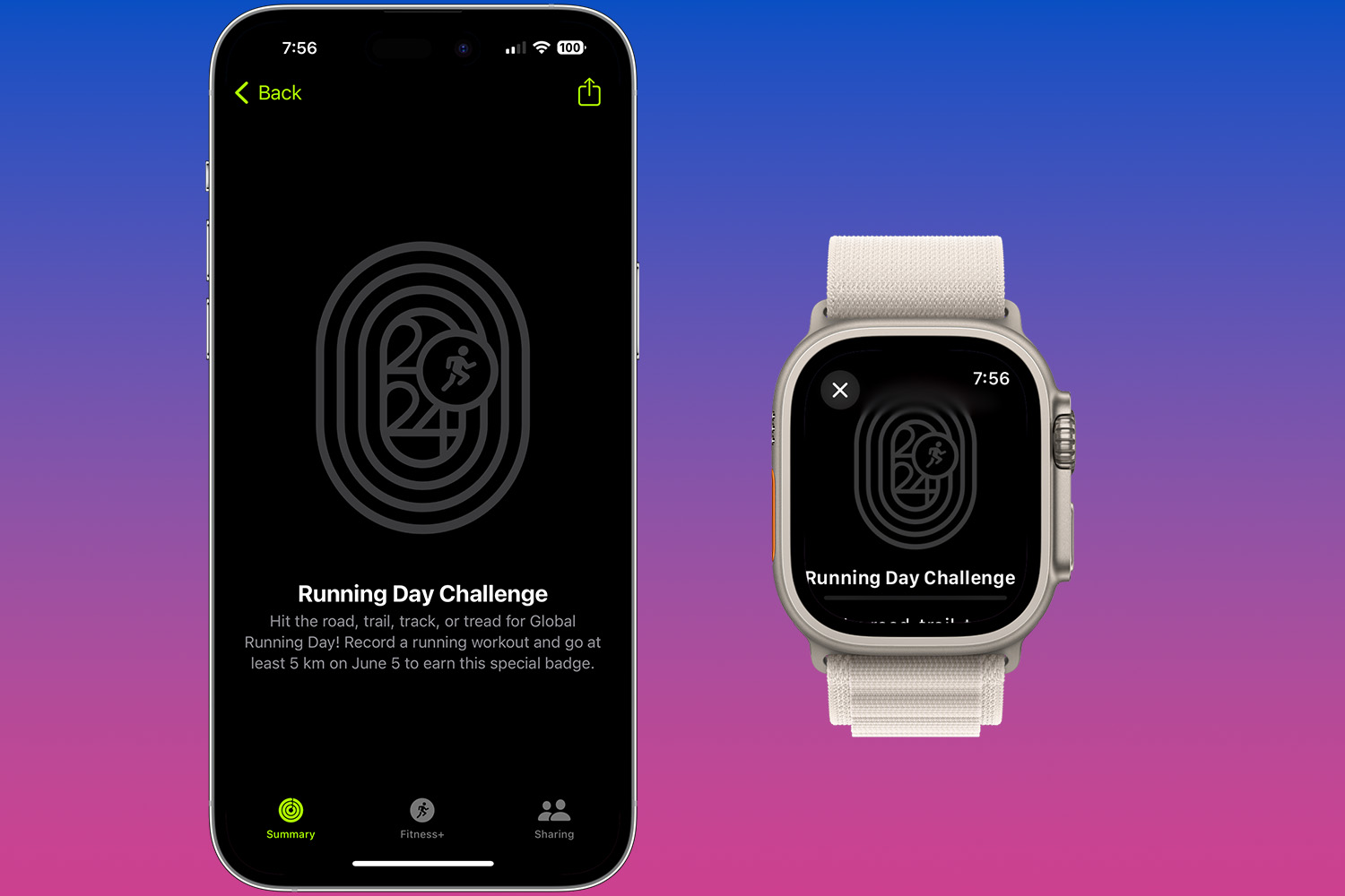 Global Running Day Challenge shown on an iPhone and Apple Watch.