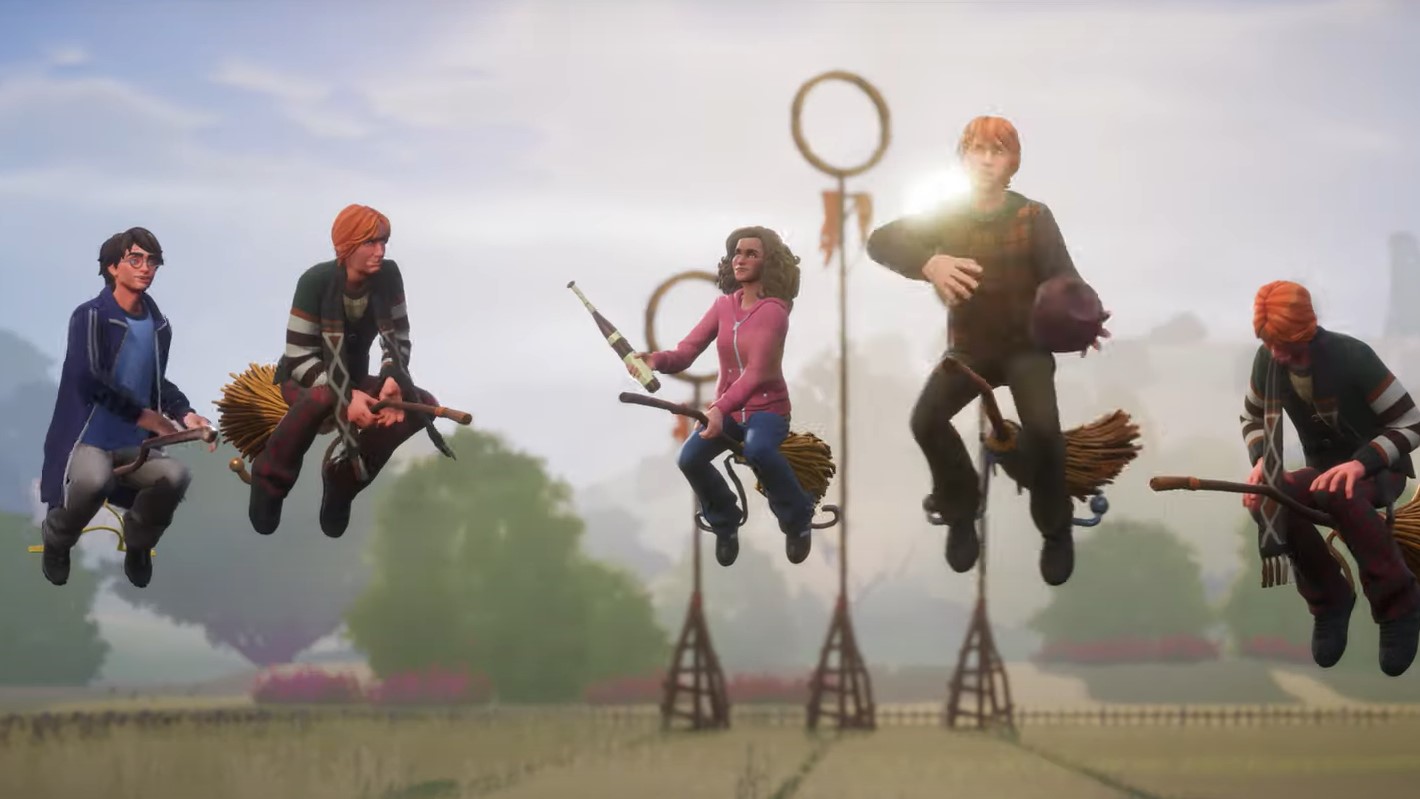 Harry Potter characters fly on brooms in Quidditch.