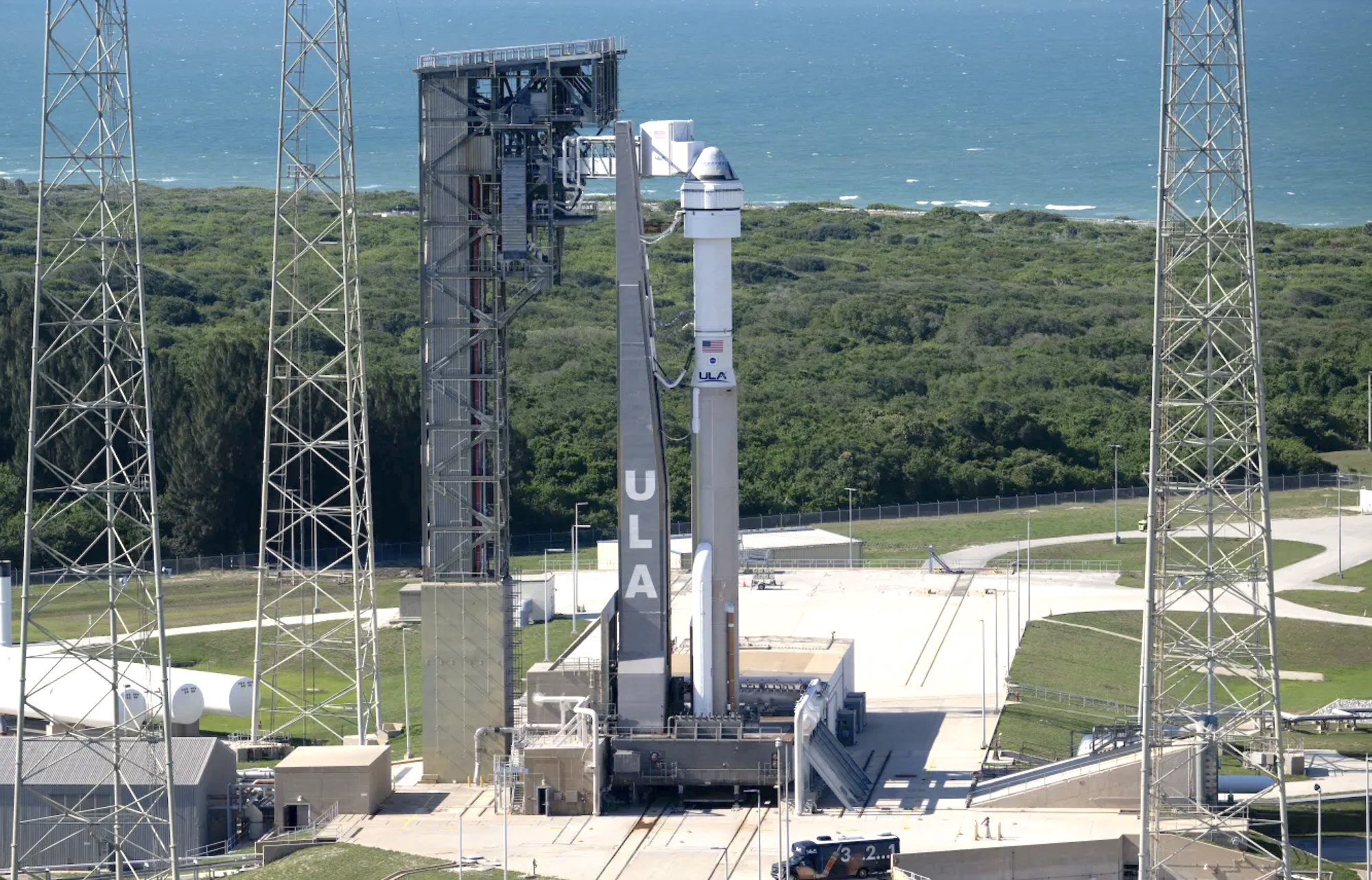 The Starliner atop an Atlas V rocket at the Kennedy Space Center in Florida.