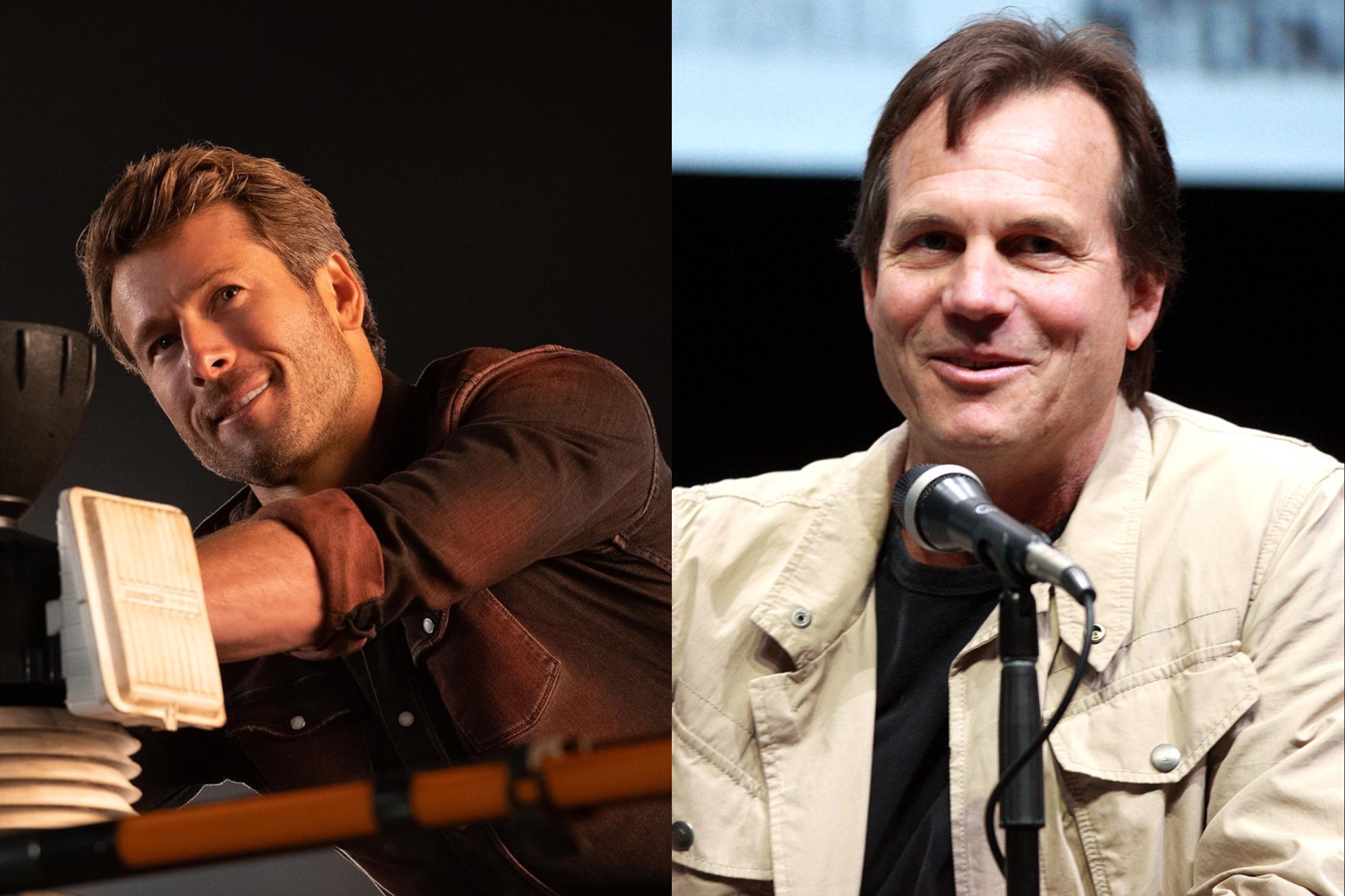 Glen Powell smiles on the left while Bill Paxton smiles on the right.