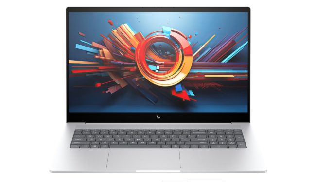 The opened HP Envy 17t-da000 with an abstract background.