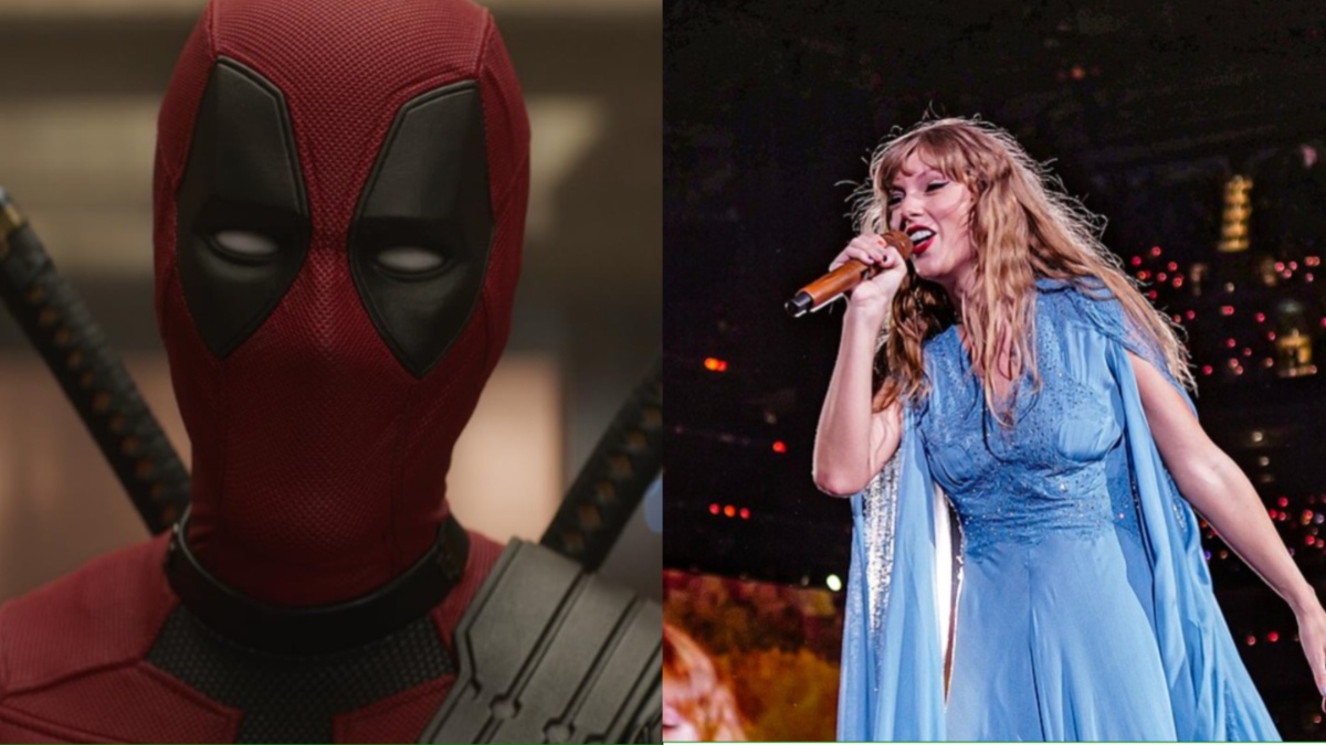 Deadpool stares on the left while Taylor Swift sings on the right.