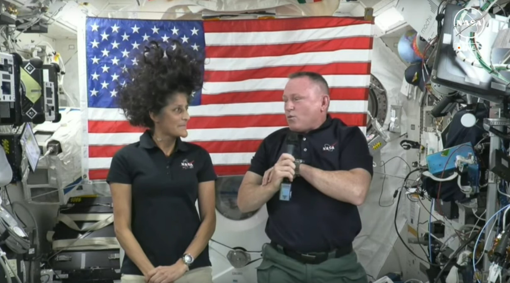 NASA’s Boeing Starliner Crew Flight Test astronauts Butch Wilmore and Suni Williams giving an interview on board the International Space Station on Wednesday July 10.