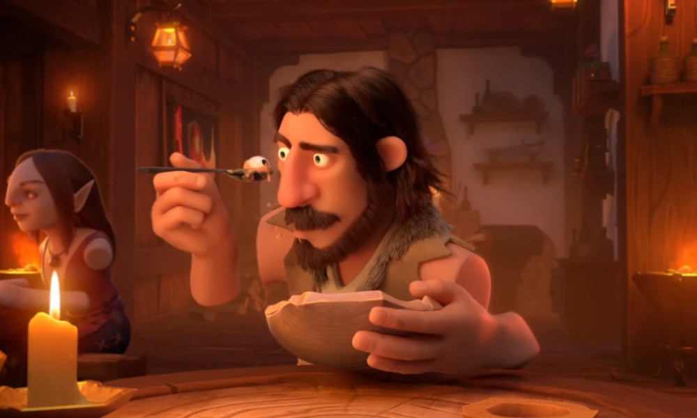 A patron eats a gross soup in Tavern Keeper's cinematic trailer.