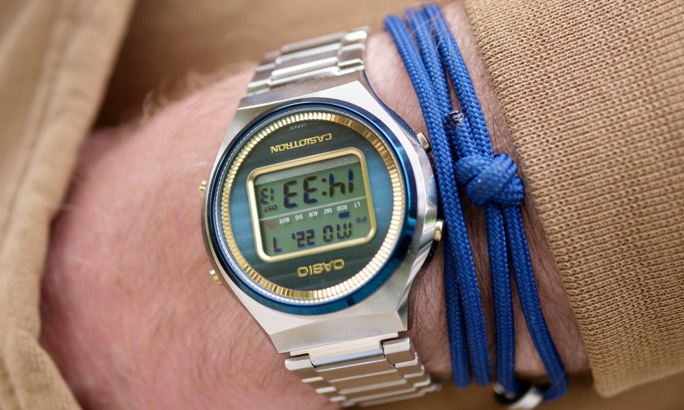 A person wearing a Casio Casiotron TRN-50 watch.