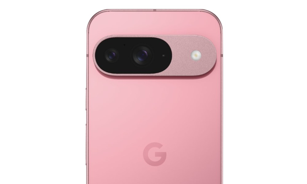 A close-up render of the Google Pixel 9 in pink.